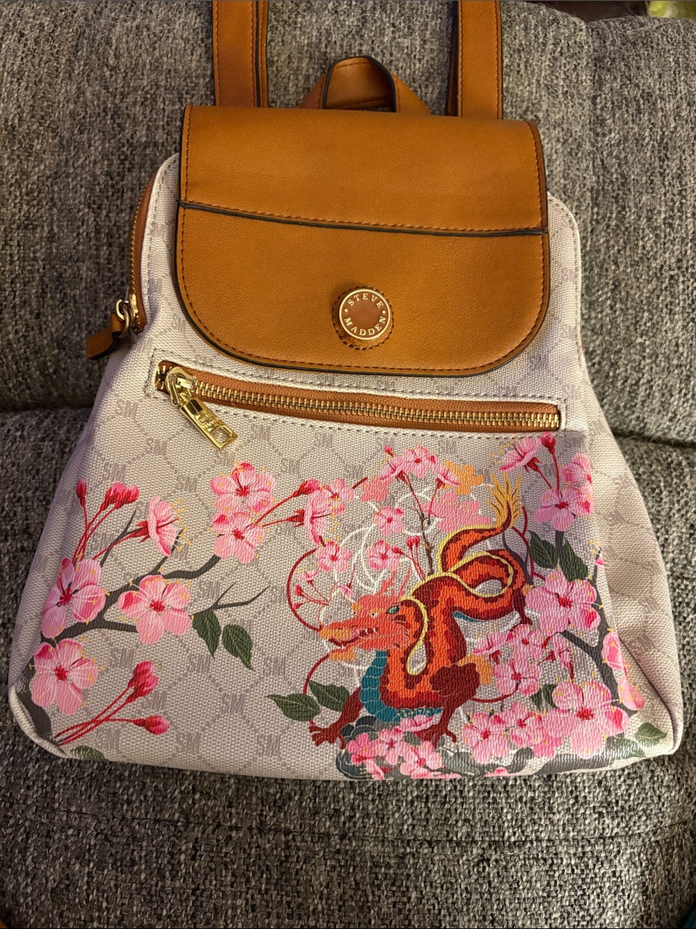 Steve Madden Tan & Pink Floral Snake Embroidered Backpack